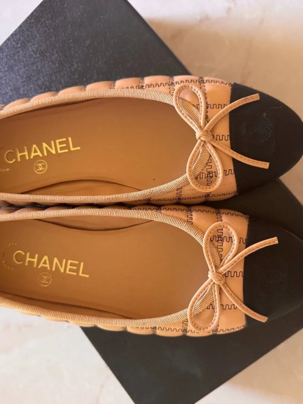 Chanel CC Cap Toe Ballet Flats Beige Black Size 37